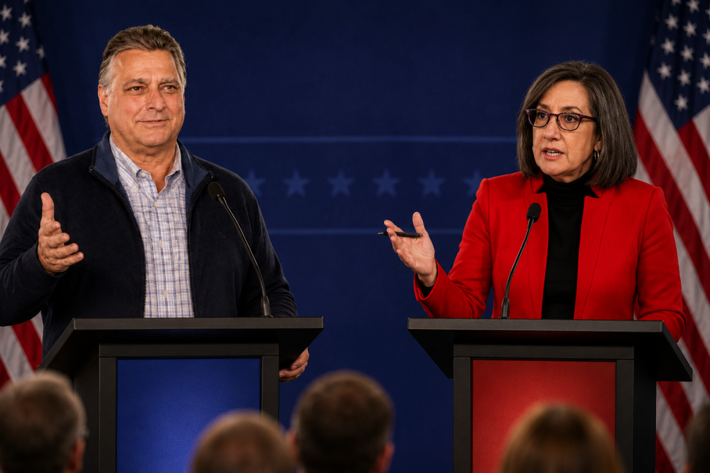 AI IMAGE! This image is a simulation of wht it would look like if David Russ and Andrea Salina participated in a Debate